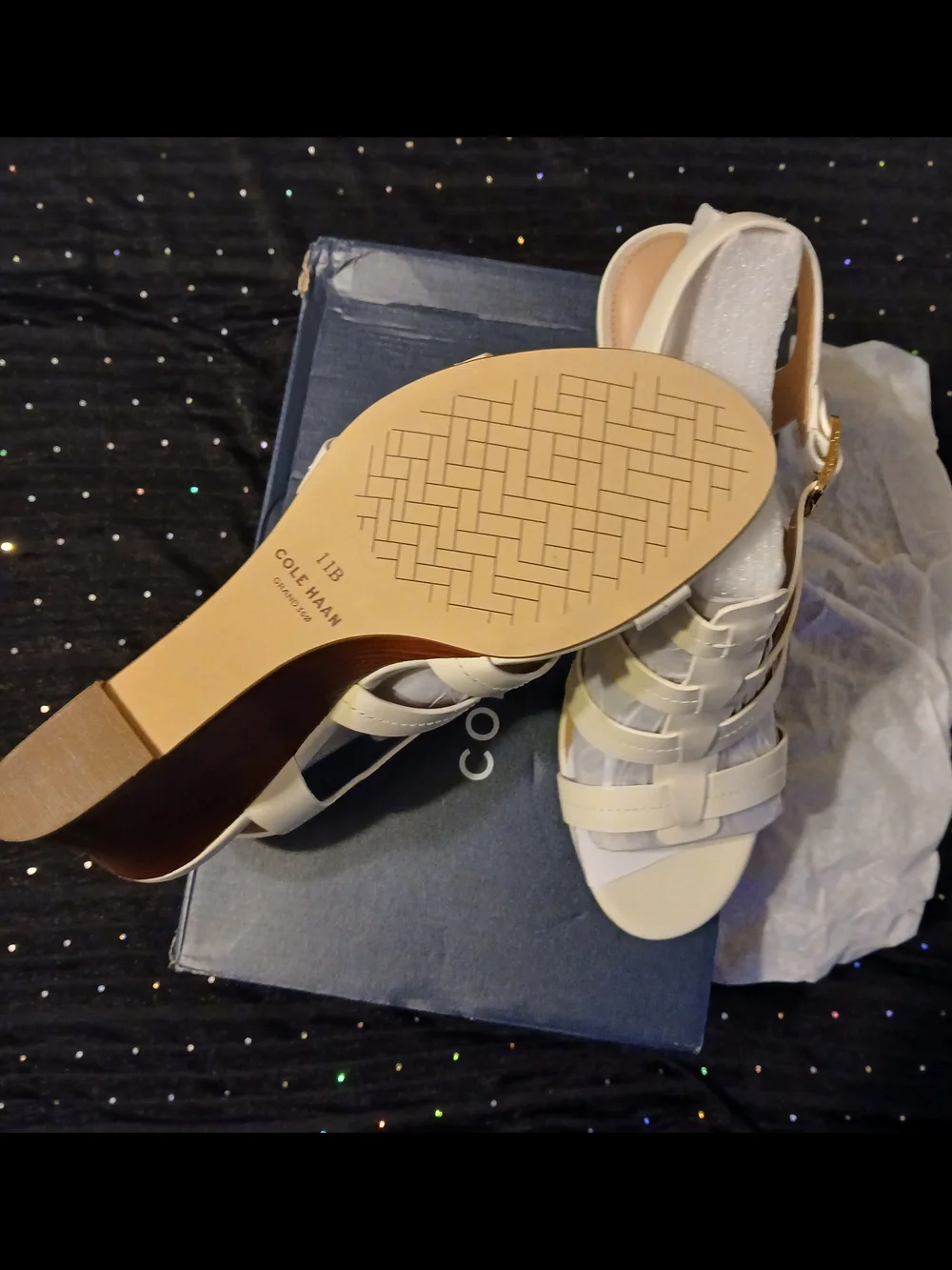Cole Haan Cream Multi-Strap Wedge Sandals with Gold Buckle Accent
